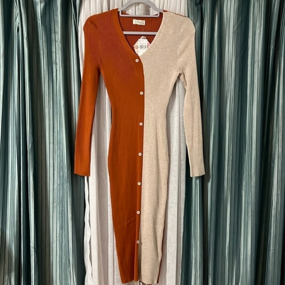 Always Two-Tone Long Sleeve Dress - Rust and Cream